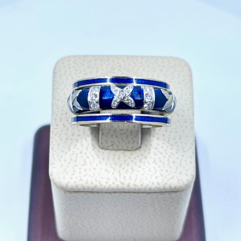 Blue Enamel Stackable Ring in 18k white gold